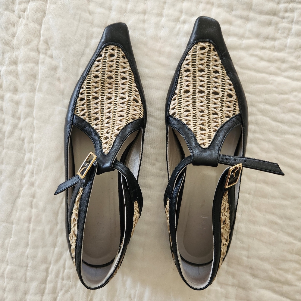 Tibi Wilder Black and Natural Raffia Pointed-Toe Flats